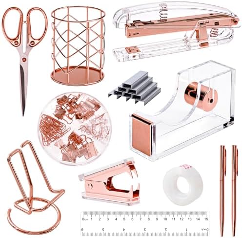 EOOUT Rose Gold Desk Accessories, Office Supplies and Accessories Set, Acrylic Stapler Set, Staple Remover, Phone Holder, Pen Holder, Scissor, Ruler, Transparent Tape