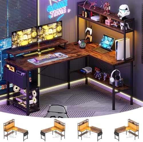 Aheaplus L Shaped Gaming Desk with Power Outlets & LED Lights, Rustic Brown