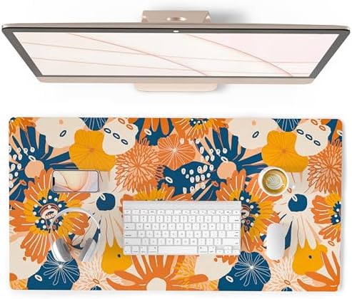 QiyI PU Leather Large Mouse Pad, Office Decor, 31.5" x 15.7", Orange Flower