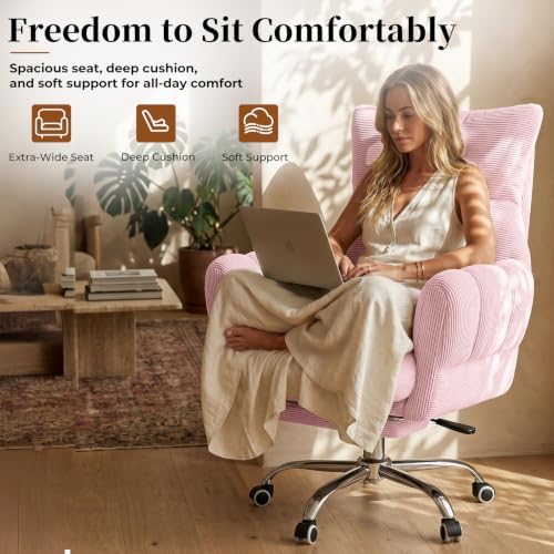 HOMRELEXA Cross Legged Office Chair, Cloud Desk Chair with Flip-Up Arm Rests, Foot Rest, Wide Seat, Comfy Executive Ergonomic Computer Gaming Chair, Pink