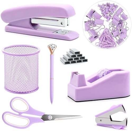 Purple Desk Accessories, Purple Office Supplies, Stapler, Staple Remover, Tape Holder, Pen Holder, Ballpoint Pen, Scissor, Binder Clips, Paper Clips and 1000pcs Staples.