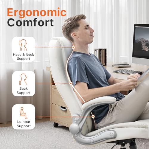 NEO CHAIR Office Desk Chair, High Back PU Leather with Flip-up Arms, White