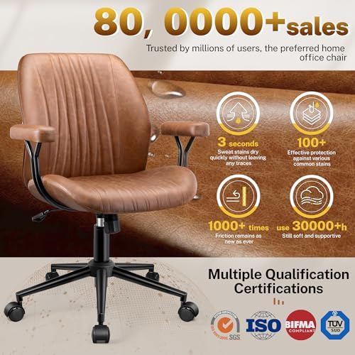 HeroSet Leather Office Chair with Removable Armrests, Mid Back Ergonomic Desk Chair with Lumbar Support, Adjustable Height Rocking Swivel Executive Chair for Home Office, Brown