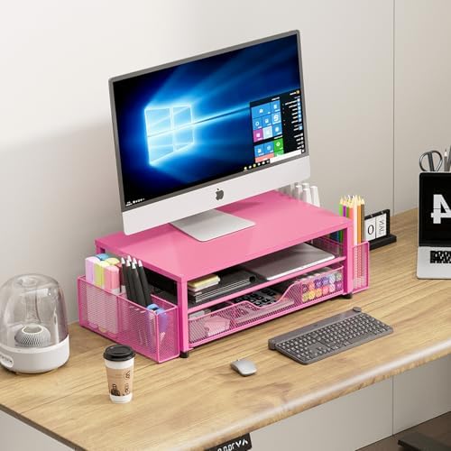 OPNICE Desk Organizers and Accessories, Computer Monitor Stand Riser with Drawer and 2 Pen Holders, Printer & Laptop Stand, Office Desk Accessories & Workspace Organizers for Home Office Supplies, Carmine Rose