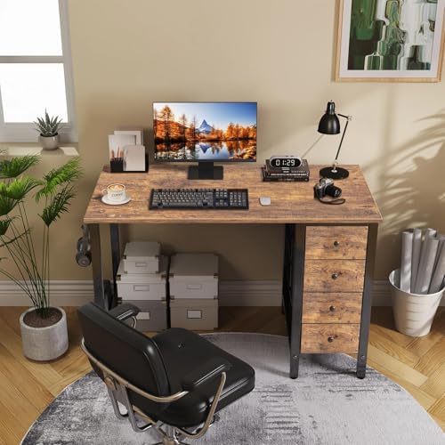 Lufeiya 47 inch Computer Desk with 4 Drawers, Reversible Writing Work Study Desk for Home Office Bedroom, Modern Simple Student PC Desks, Rustic Brown