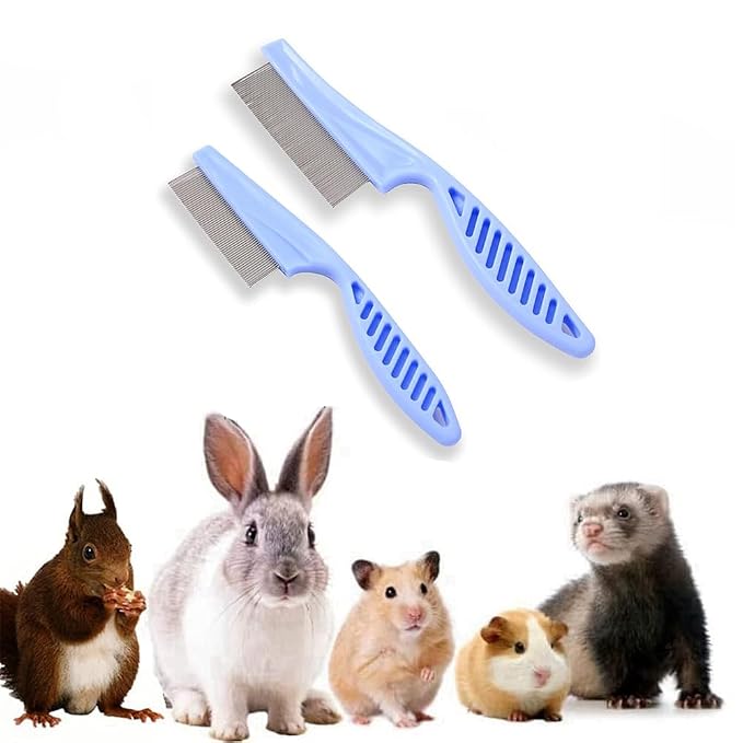 2PC Hamster Grooming Comb - Stainless Stell Face Flea Comb Fine Tooth Tear Stain Remover Removes Crust, Mucus, Stains, Face Brush for Chinchillas, Ferrets, Guinea Pigs, Rabbits (Blue)