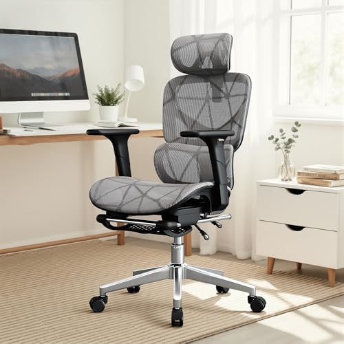 Mesh Office Chair,Ergonomic Computer Chair,Adjustable Lumbar High Back Desk Chair 400lbs,4D Adjustable Armrests & Removable Headrest,Breathable Mesh Chair for Adults,Home Gaming & Workplace(Gray)