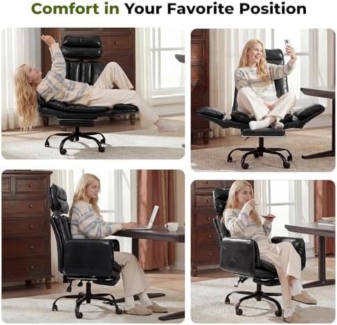 HOMRELEXA Criss Cross Office Chair with Armrests & Wheels, Comfy Big and Tall Chair, Ergonomic Executive Gaming Computer Chairs with Foot Rest, PU Leather Wide Seat Reclining Desk Chair, Black