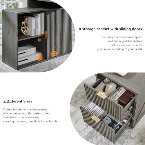 67"Modern Desk with Cabinet & 2 Drawers, Fluted Office Desk Built‑in Outlet