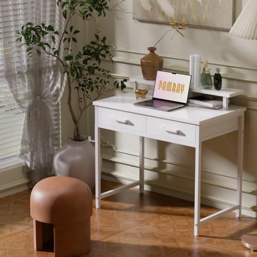 Pamray 32 Inch Small Computer Desk with Monitor Stand and 2 Drawers
