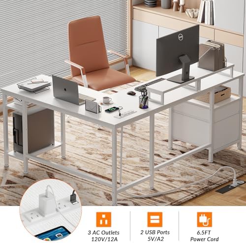 Furologee White 59” L Shaped Desk with Power Outlet, Reversible Computer Desk with File Drawer & 2 Monitor Stands, Corner Home Office Table with Storage Shelves for Gaming Writing