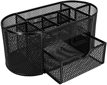 Amazon Basics Mesh Desk Organizer with Pen Holder, Pullout Drawer and Office Caddy Storage, 9.25" x 4.53" x 3.94", Black