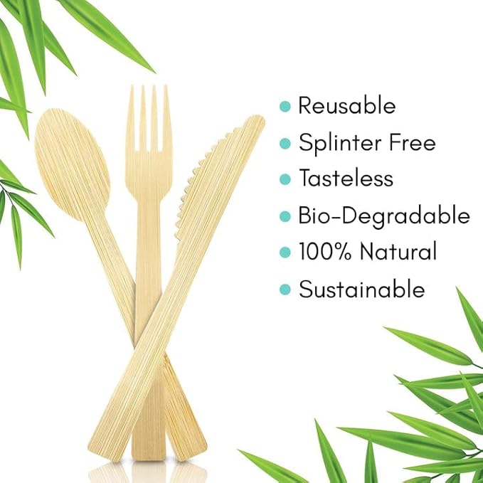 Boobam Econatural Products Bamboo Utensils - Natural Disposable Wooden Cutlery for Party, Eating, Camping, Picnic, Wedding - Compostable Silverware - 30 Spoons, 30 Knives, 40 Forks - Box of 100 Pieces