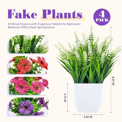 Der Rose 4 Pack Small Artificial Flowers in White Pots, Spring Home Decor