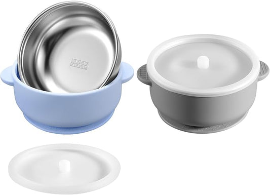 2 Pack Stainless Steel Baby Bowls with Removable Non-Slip Silicone Suction Shell and Lids, Anti Scald Food Container for Baby Food Feeding-Skyblue & Gray