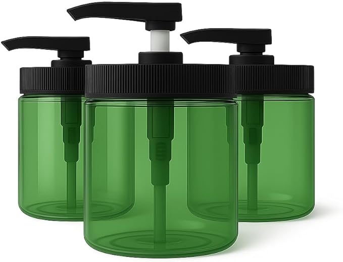 Royal Massage 16oz Refillable Pump Jar with Locking Dip Tube Dispenser – BPA-Free Plastic Container for Massage Oils, Lotions, Creams – Ribbed Lid Wide-Mouth Jar – Durable & Reusable (Green/Black, 3)