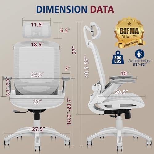 GABRYLLY Ergonomic Office Chair, High Back Home Desk Chair with Headrest, Flip-Up Arms, 90-120° Tilt Lock and Wide Cushion, 300LBS Mesh Chairs for Man Woman, White Task Chair(Grey,GY01WG)