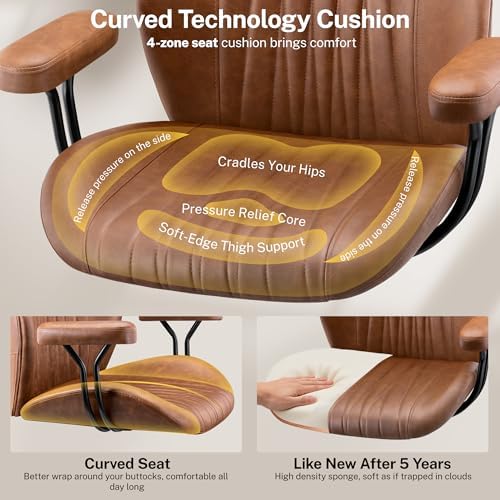 HeroSet Leather Office Chair with Removable Armrests, Mid Back Ergonomic Desk Chair with Lumbar Support, Adjustable Height Rocking Swivel Executive Chair for Home Office, Brown
