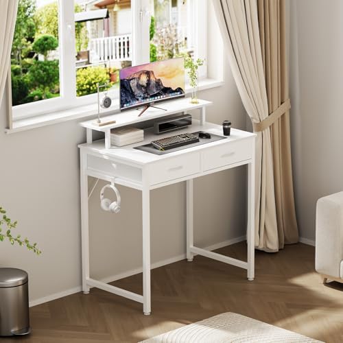 DUMOS 31-Inch Computer Desk with Drawers and Monitor Stand, White