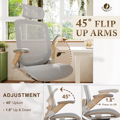 GABRYLLY Ergonomic Office Chair, High Back Home Desk Chair with Flip-Up Arms, Headrest, 90-120° Tilt and Wide Cushion, 300LBS White Mesh Chair for Work Gaming Study (GY01-NT, Woodgrain Pattern)