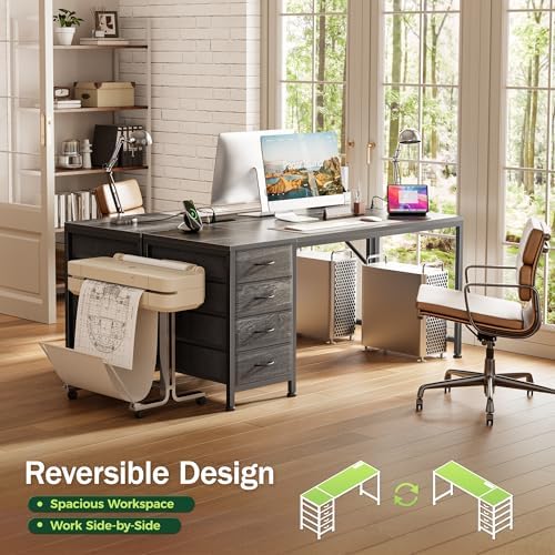 PRAISUN 55.1 Inch Computer Office Desk with Power Outelts and USB-C Port, Reversible Gaming Desk with 4 Fabric Drawers, Work Study Desk Work from Home, Grey