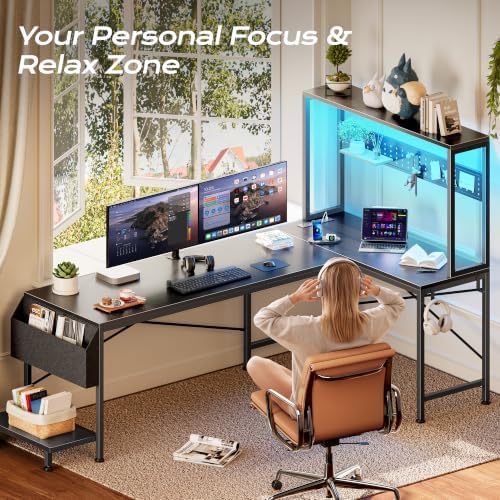 PRAISUN L Shaped Gaming Desk with LED Lights & Power Outlets