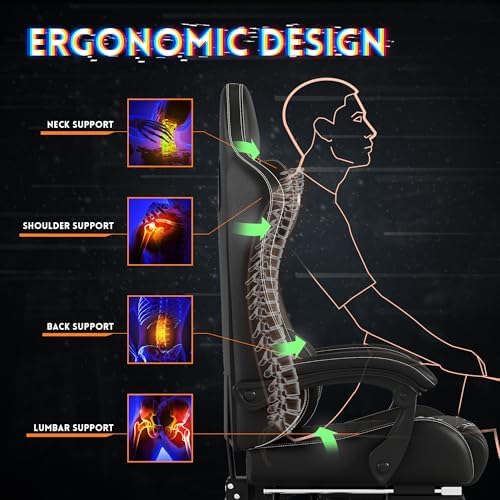 Gaming Chair,Big and Tall Gaming Chair 400lbs Office Chair with Footrest, 90-155° Recline & Removable Headrest Lumbar Support[Spring + 4D Sponge](Black)