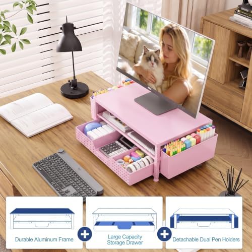 OPNICE Desk Organizers and Accessories, Computer Monitor Stand Riser with Drawer and 2 Pen Holders, Printer & Laptop Stand, Office Desk Accessories & Workspace Organizers for Home Office Supplies, Pink
