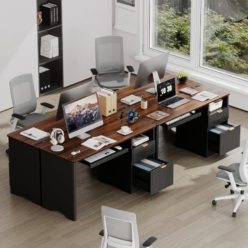 Bestier Computer Desk with Keyboard Tray, 55 inch Office Desk with Power Outlet, Modern Home Office Desk with File Drawer (Walnut with Black, 55" W with Single-Sided Drawers)