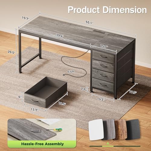 PRAISUN 55.1 Inch Computer Office Desk with Power Outelts and USB-C Port, Reversible Gaming Desk with 4 Fabric Drawers, Work Study Desk Work from Home, Grey