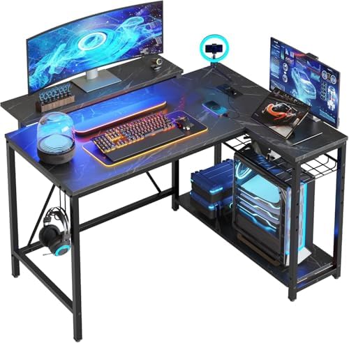 Bestier 42-Inch L-Shaped Gaming Desk with Charging & LED, Marble Black