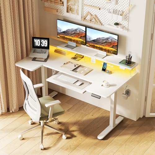 OffiGo 55 Inch U Shaped Electric Standing Desk with Keyboard Tray, White
