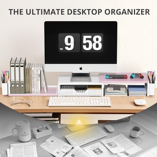 OPNICE Desk Organizers and Accessories, Dual Monitor Stand Riser with Drawer and 2 Pen Holders, Desk Shelf Computer Racks for Office Workspace Organizers, Desktop Organization (Pink-White)