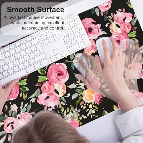 QiyI PU Leather Large Mouse Pad, Office Décor, 31.5" x 15.7", Pink Flowers