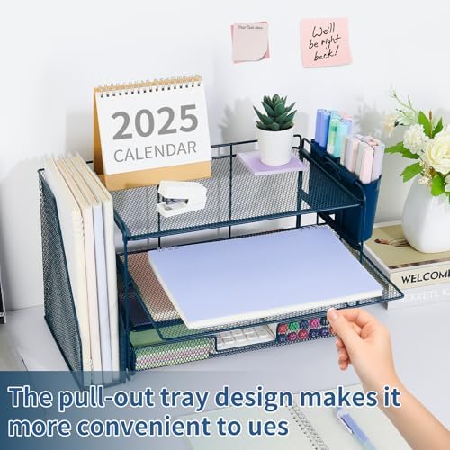 OPNICE Desk Organizer, 4-Tier Desktop File Organizer with Drawer and Pen Holders, Office Desk Accessories, File Sorters, Workspace Organizers for Office Supplies(Dark Blue)