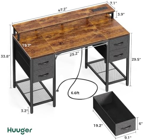 Huuger 47 inch Computer Desk with Power Outlets & 4 Drawers