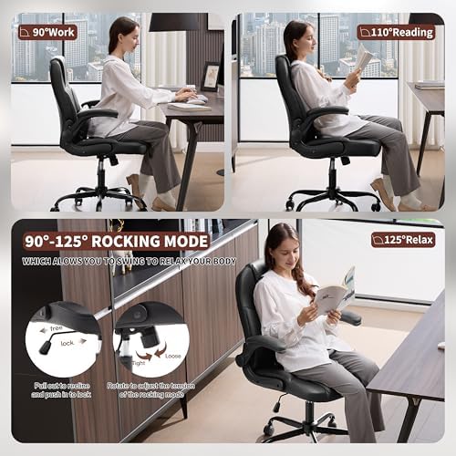 Leather Office Chair Swivel Lumbar Support for Short People Black