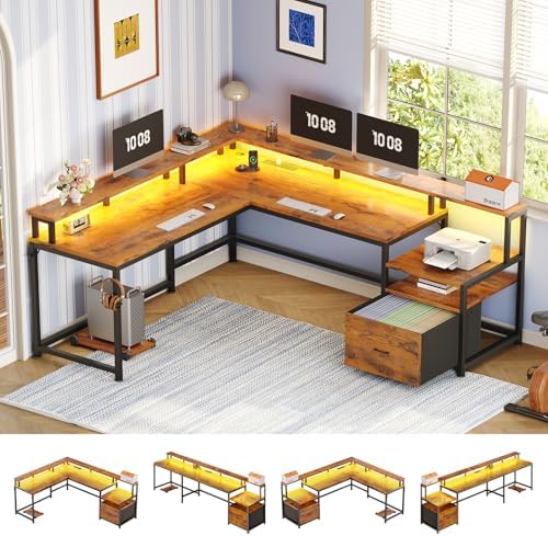 SEDETA 66" Reversible L Shaped Office Desk with Power Outlet, File Drawer