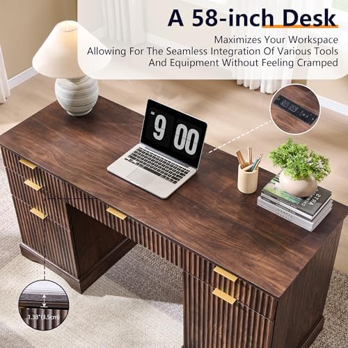 58" Modern Wood Executive Desk with 5 Drawers & 1 Cabinet, Built‑in Outlet