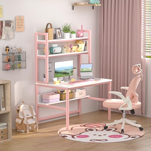 Aquzee Pink Desk with Shelves, Computer Desk with Hutch, 47 Inch