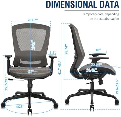 Ergonomic Mesh Office Chair,Comfy Computer Desk Chair - BIFMA 5.1 Certified Commercial Swivel Task Chair for Home Office - Adjustable Lumbar Support & Armrests,Tilt Function,Wide Seat