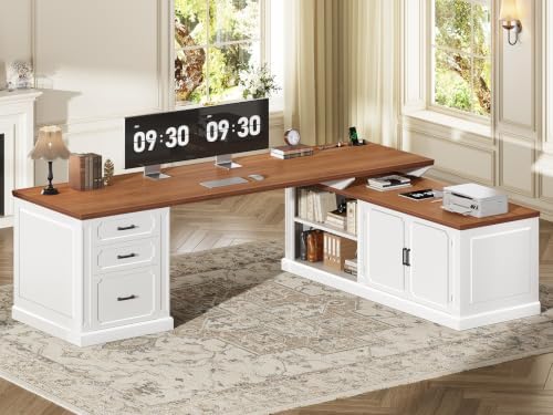 SEDETA Farmhouse L Shaped Desk with Drawers, 70.9" Home Office Desk with Storage Cabinet and Storage Shelves, L Shaped Computer Desk with Power Outlet，White+Brown