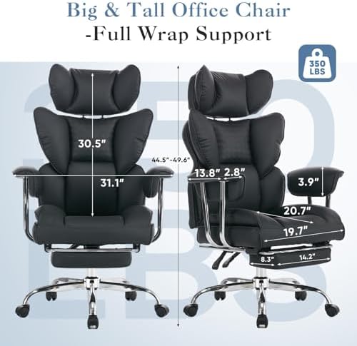 Big and Tall Office Chair 350 LBS, Scratch-Resistant PU Leather Executive Office Desk Chair with Footrest, Ergonomic Reclining Computer Chair with Pocket Spring Support for Home Office, Black