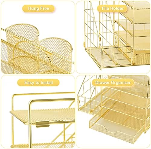 Marbrasse Desk Organizer with File Holder, 5-Tier Paper Letter Tray Organizer with Drawer and 2 Pen Holder, Mesh Desktop Organizer and Storage with Magazine Holder for Office Supplies (Gold 2p)