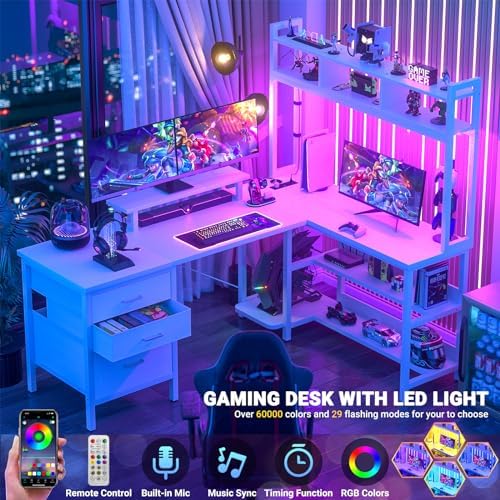 Aheaplus L Shaped Gaming Desk with Hutch, Gaming Desk with Led Lights, Reversible Computer Desk with Power Outlet, Corner Desk with File Drawer & Monitor Stand, Storage Shelves for Home Office, White