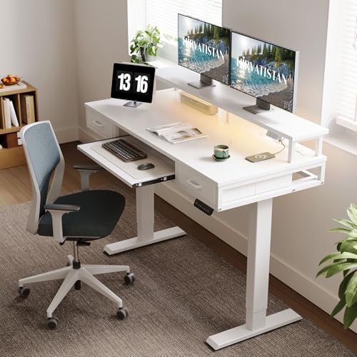 AODK 55 Inch Electric Standing Desk with Drawers & Keyboard Tray, White