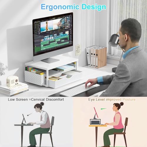 gianotter Desk Organizers and Accessories, Monitor Stand with Drawer and 2 Pen Holder, Desktop Organizer Suitable for Offices and Dormitories (Matte White)