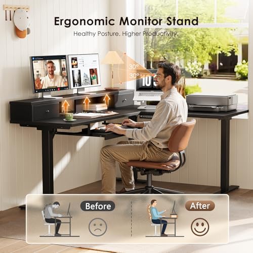 OffiGo 59 Inch L Shaped Electric Standing Desk with Drawers, Black