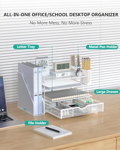 WALI Desk File Organizer, 4 Tier Desktop Paper Letter Tray Organizer with Drawer and 2 Pen Holders, Office Desk Accessories & Workspace Organizers for Office, Home Supplies(DO005DH-W), 1 Pack, White