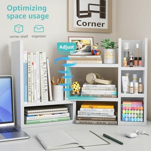 NUTIKAS Desk Shelves Desktop Organizer Shelf - White Office Organization for Top of Desk Organizers and Accessories Corner Bookshelf Table Top Shelving Small Hutch Decorations for Women Office